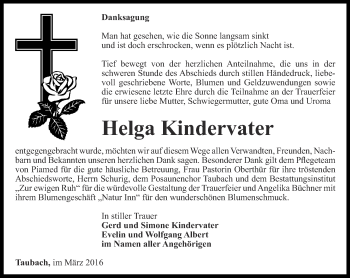 Traueranzeige von Helga Kindervater von Thüringer Allgemeine, Thüringische Landeszeitung