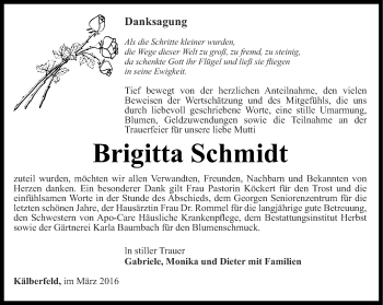 Traueranzeige von Brigitta Schmidt von Ostthüringer Zeitung, Thüringische Landeszeitung