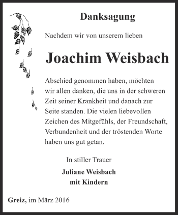 Traueranzeige von Joachim Weisbach von Ostthüringer Zeitung