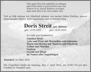 Traueranzeige von Doris Streit von Thüringer Allgemeine, Thüringische Landeszeitung