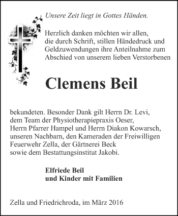 Traueranzeige von Clemens Beil von Thüringer Allgemeine, Thüringische Landeszeitung