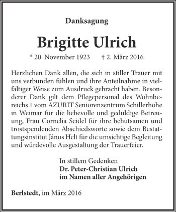 Traueranzeige von Brigitte Ulrich von Thüringer Allgemeine, Thüringische Landeszeitung