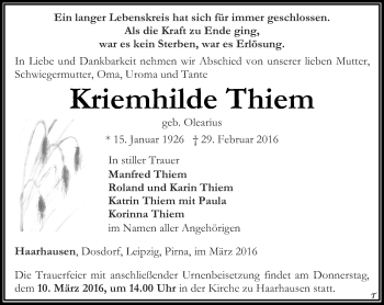 Traueranzeige von Kriemhilde Thiem von Thüringer Allgemeine