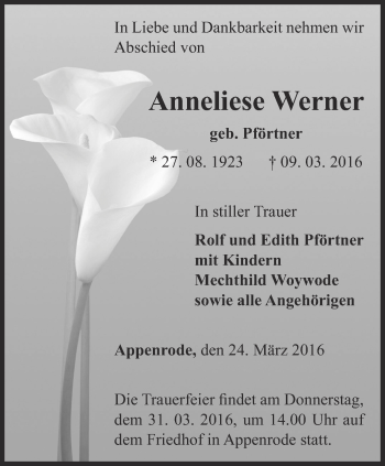 Traueranzeige von Anneliese Werner von Thüringer Allgemeine