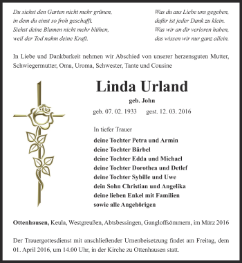 Traueranzeige von Linda Urland von Thüringer Allgemeine