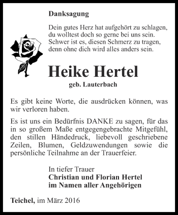 Traueranzeige von Heike Hertel von Ostthüringer Zeitung