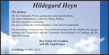 Traueranzeige von Hildegard Heyn von Ostthüringer Zeitung, Thüringische Landeszeitung