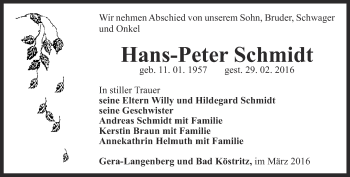 Traueranzeige von Hans-Peter Schmidt von Ostthüringer Zeitung