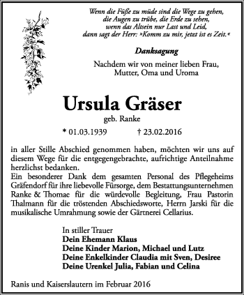 Traueranzeige von Ursula Gräser von Ostthüringer Zeitung