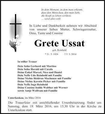 Traueranzeige von Grete Ussat von Ostthüringer Zeitung