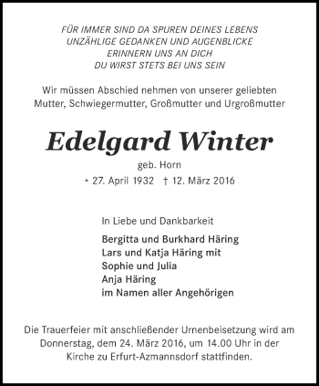 Traueranzeige von Edelgard Winter von Thüringer Allgemeine, Thüringische Landeszeitung