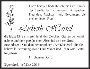 Traueranzeige von Lisbeth Härtel von Ostthüringer Zeitung, Thüringische Landeszeitung