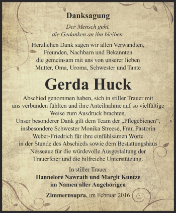 Traueranzeige von Gerda Huck von Thüringer Allgemeine, Thüringische Landeszeitung