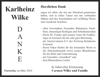 Traueranzeige von Karlheinz Wilke von Thüringer Allgemeine, Thüringische Landeszeitung