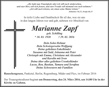 Traueranzeige von Marianne Zapf von Ostthüringer Zeitung