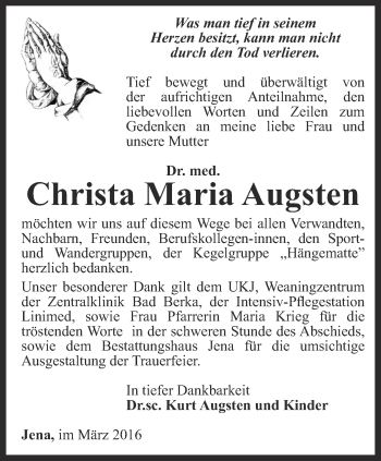 Traueranzeige von Christa Maria Augsten von Ostthüringer Zeitung, Thüringische Landeszeitung