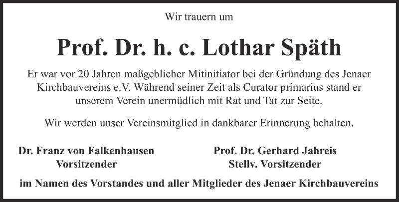  Traueranzeige für Lothar Späth vom 23.03.2016 aus Ostthüringer Zeitung, Thüringische Landeszeitung