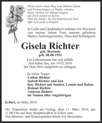 Traueranzeige von Gisela Richter von Thüringer Allgemeine, Thüringische Landeszeitung
