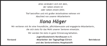 Traueranzeige von Ilona Häger von Thüringer Allgemeine