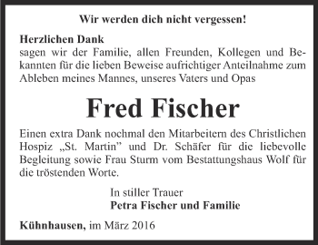 Traueranzeige von Fred Fischer von Thüringer Allgemeine, Thüringische Landeszeitung