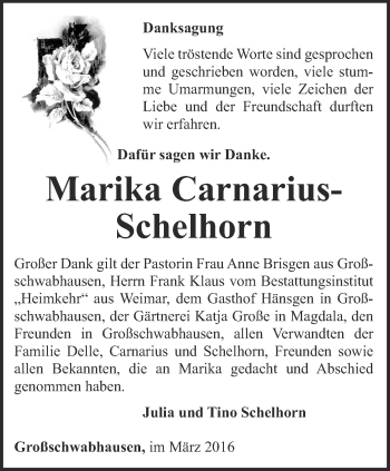 Traueranzeige von Marika Carnarius-Schelhorn von Thüringer Allgemeine, Thüringische Landeszeitung