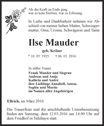 Traueranzeige von Ilse Mauder von Thüringer Allgemeine