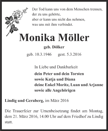 Traueranzeige von Monika Möller von Ostthüringer Zeitung