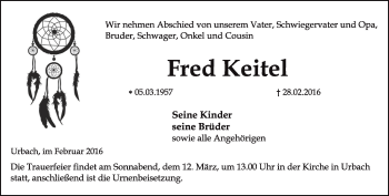 Traueranzeige von Fred Keitel von Thüringer Allgemeine, Thüringische Landeszeitung