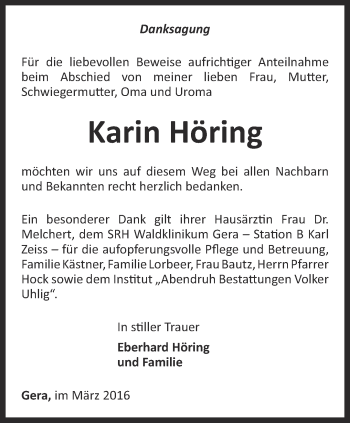 Traueranzeige von Karin Höring von Ostthüringer Zeitung
