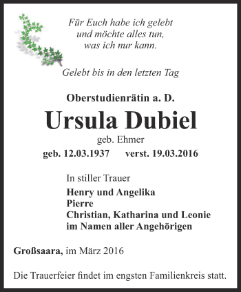 Traueranzeige von Ursula Dubiel von Ostthüringer Zeitung