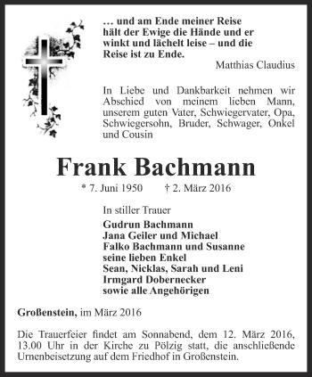 Traueranzeige von Frank Bachmann von Ostthüringer Zeitung