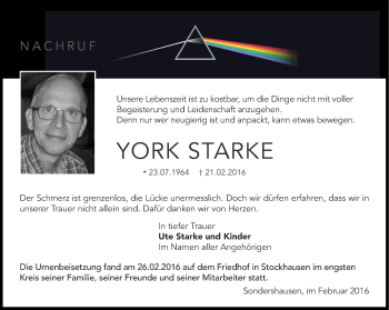Traueranzeige von York Starke von Thüringer Allgemeine