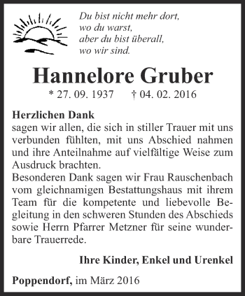 Traueranzeige von Hannelore Gruber von Ostthüringer Zeitung