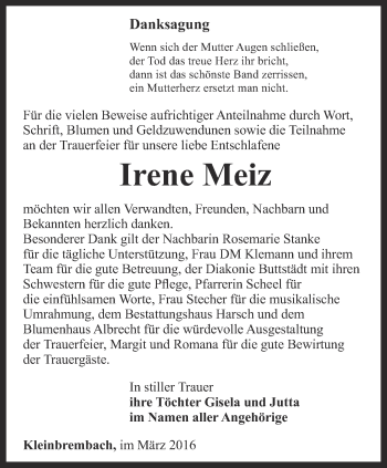 Traueranzeige von Irene Meiz von Thüringer Allgemeine