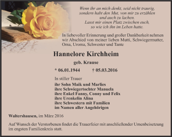 Traueranzeige von Hannelore Kirchheim von Ostthüringer Zeitung, Thüringische Landeszeitung