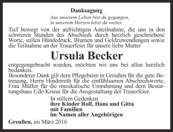 Traueranzeige von Ursula Becker von Thüringer Allgemeine
