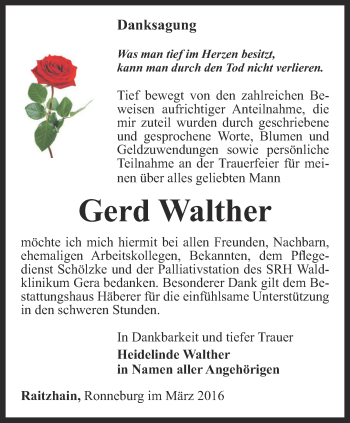 Traueranzeige von Gerd Walther von Ostthüringer Zeitung