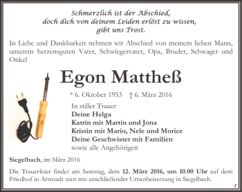 Traueranzeige von Egon Mattheß von Thüringer Allgemeine