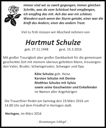 Traueranzeige von Hartmut Schulze von Thüringer Allgemeine