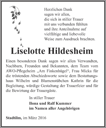 Traueranzeige von Liselotte Hildesheim von Thüringer Allgemeine