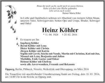 Traueranzeige von Heinz Köhler von Ostthüringer Zeitung