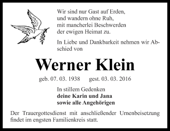 Traueranzeige von Werner Klein von Thüringer Allgemeine