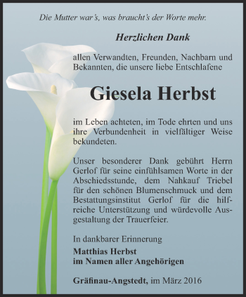 Traueranzeige von Giesela Herbst von Thüringer Allgemeine