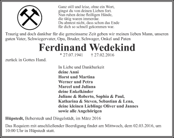 Traueranzeige von Ferdinand Wedekind von Thüringer Allgemeine, Thüringische Landeszeitung