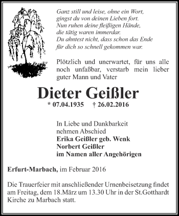 Traueranzeige von Dieter Geißler von Thüringer Allgemeine, Thüringische Landeszeitung