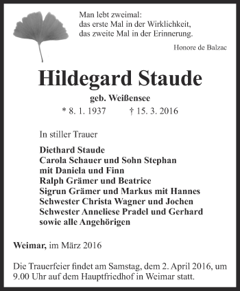 Traueranzeige von Hildegard Staude von Thüringer Allgemeine, Thüringische Landeszeitung