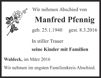 Traueranzeige von Manfred Pfennig von Ostthüringer Zeitung