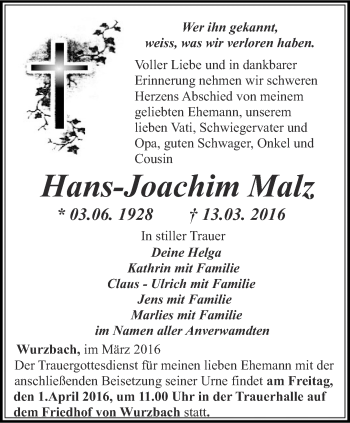 Traueranzeige von Hans-Joachim Malz von Ostthüringer Zeitung