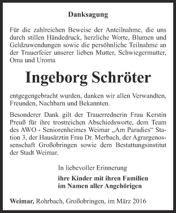 Traueranzeige von Ingeborg Schröter von Thüringer Allgemeine, Thüringische Landeszeitung