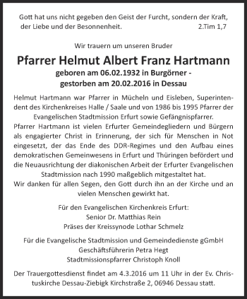 Traueranzeige von Helmut Albert Franz Hartmann von Thüringer Allgemeine, Thüringische Landeszeitung